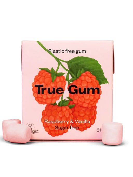 TRUE GUM aviečių ir vanilės skonio kramtomoji guma be cukraus