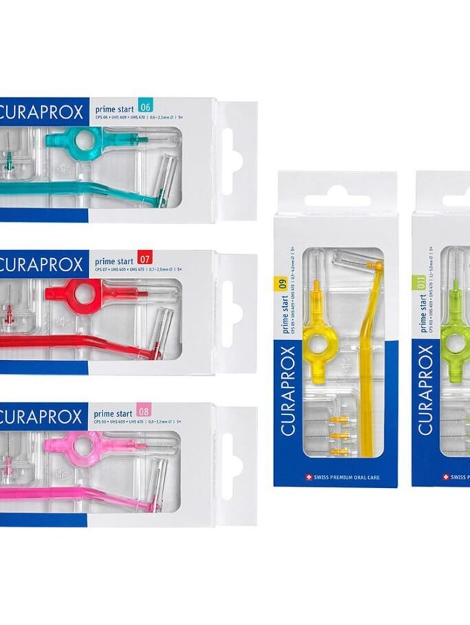 CURAPROX PRIME START - tarpdančių šepetėliai su žiediniu ir kampiniu koteliu 5 vnt (įvairūs dydžiai)