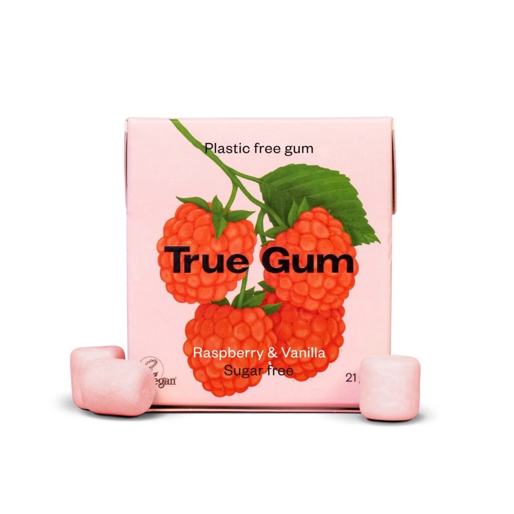 TRUE GUM aviečių ir vanilės skonio kramtomoji guma be cukraus