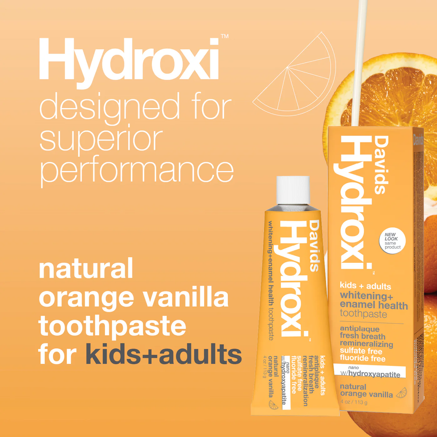 DAVIDS Hydroxi™ Whitening+Enamel Health Kids+Adult, Orange Vanilla dantų pasta su hidroksiapatitu