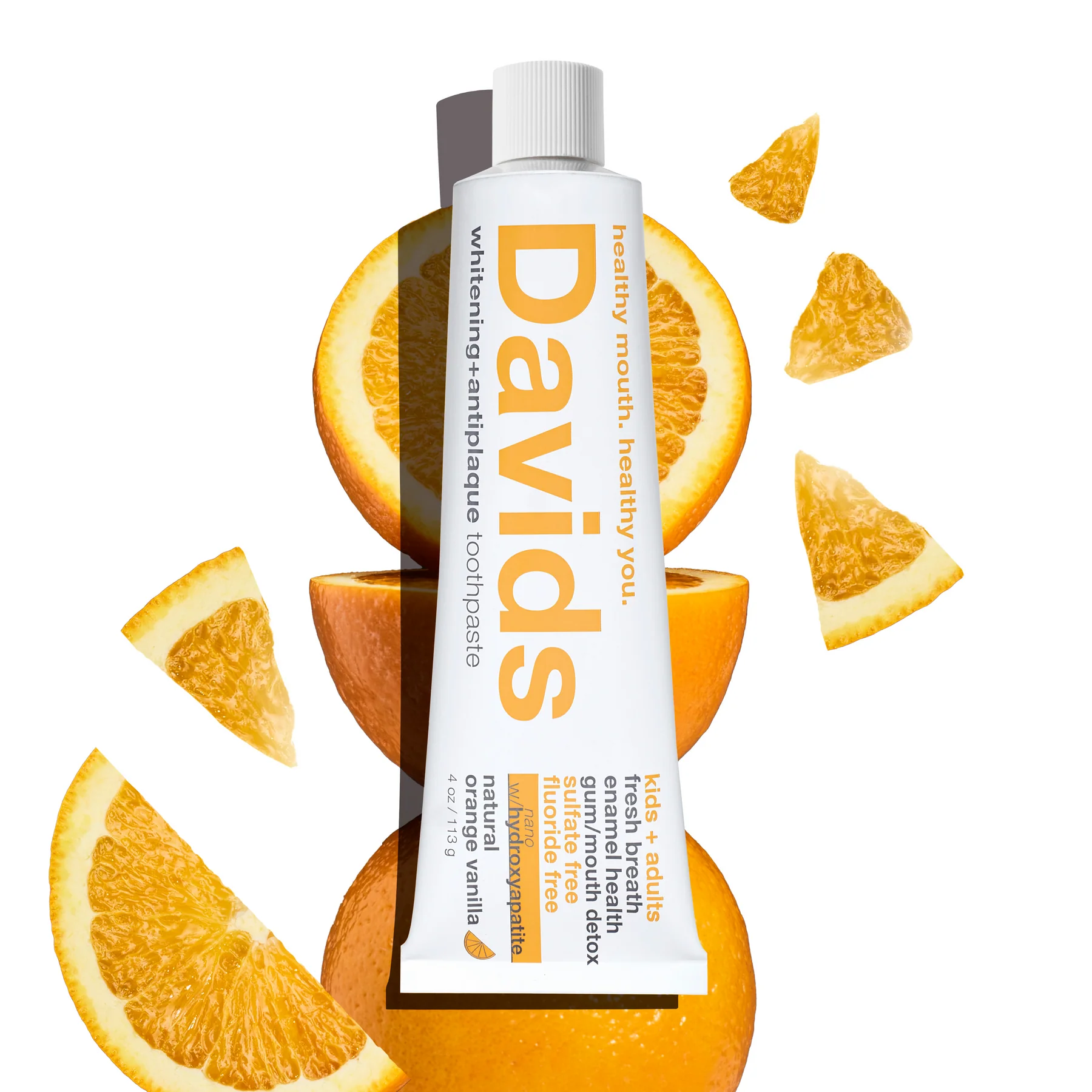 DAVIDS Hydroxi™ Whitening+Enamel Health Kids+Adult, Orange Vanilla dantų pasta su hidroksiapatitu