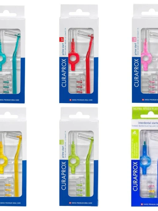 CURAPROX PRIME START – tarpdančių šepetėliai su žiediniu ir kampiniu koteliu 5 vnt (įvairūs dydžiai)