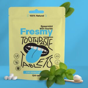 FRESMY mėtų skonio dantų pastos tabletės su fluoru popieriniame maišelyje, 124 vnt.