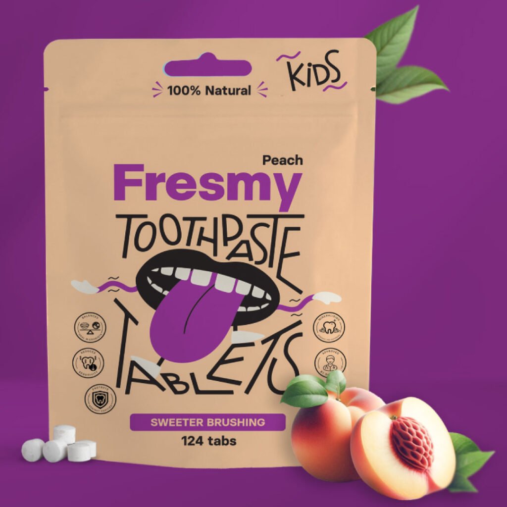 FRESMY persikų skonio dantų pastos tabletės vaikams popieriniame maišelyje, 124 vnt.
