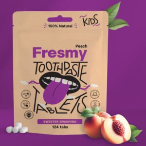 FRESMY persikų skonio dantų pastos tabletės vaikams popieriniame maišelyje, 124 vnt.